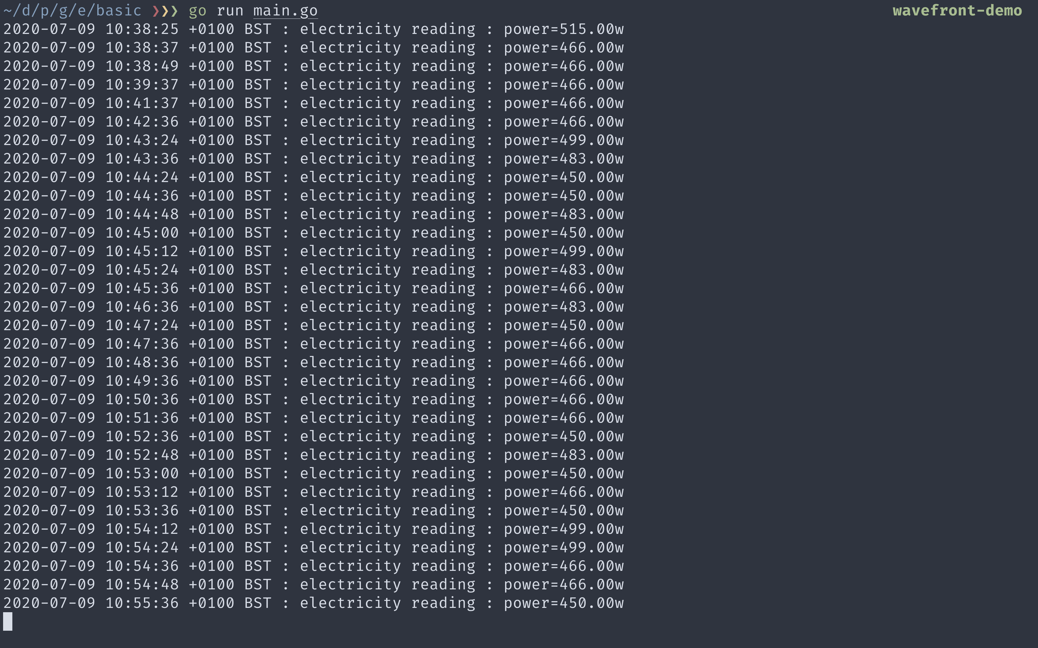 Power consumption logged to the console.