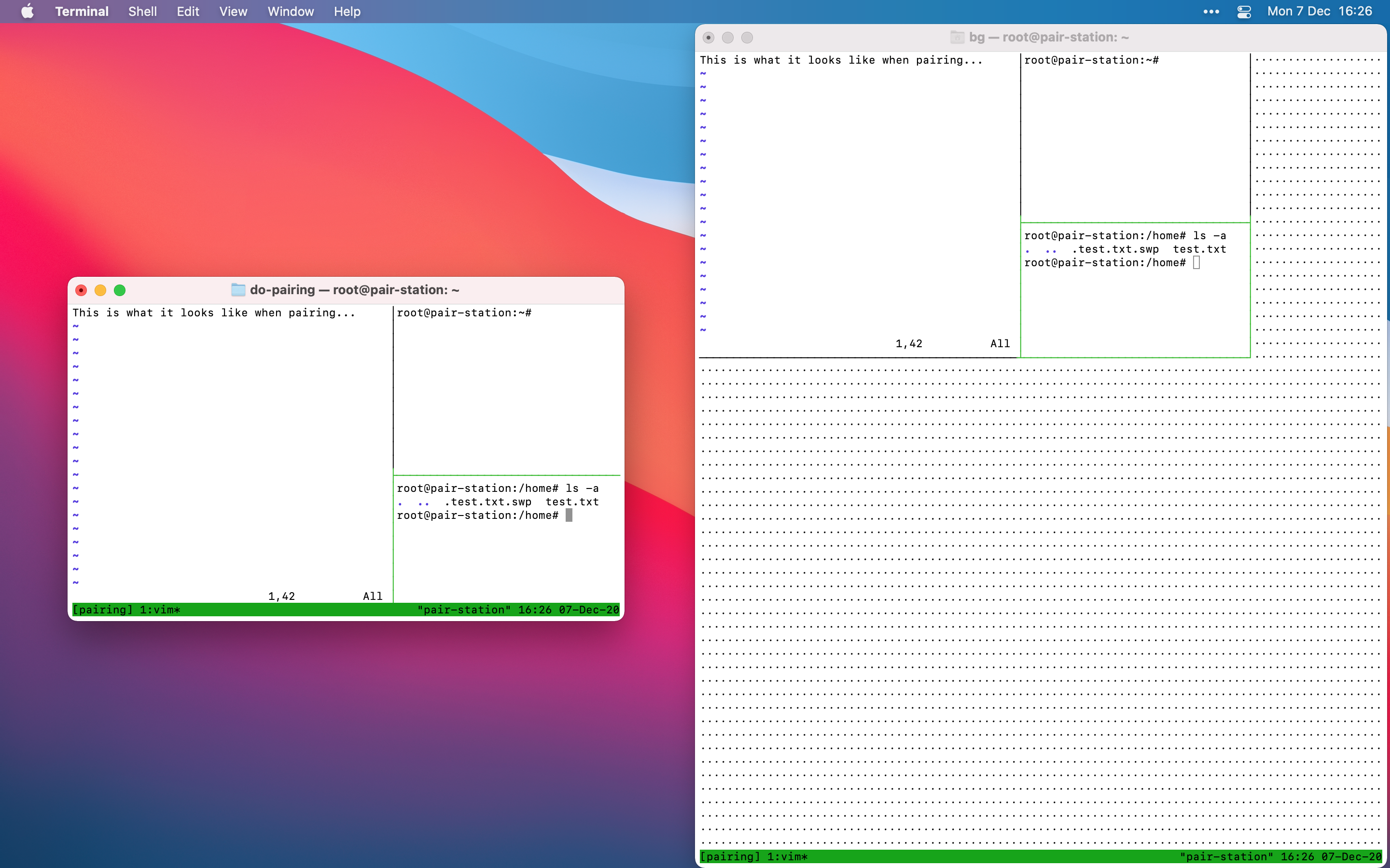 Two views of the same tmux session