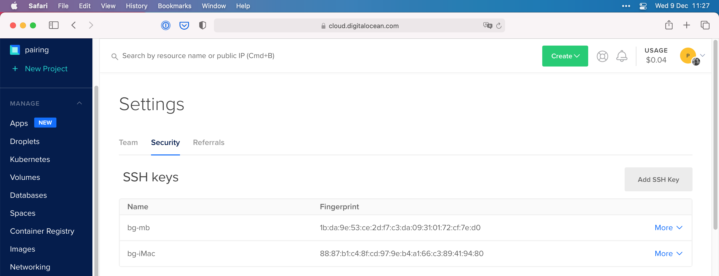 Digital Ocean console showing multiple SSH keys