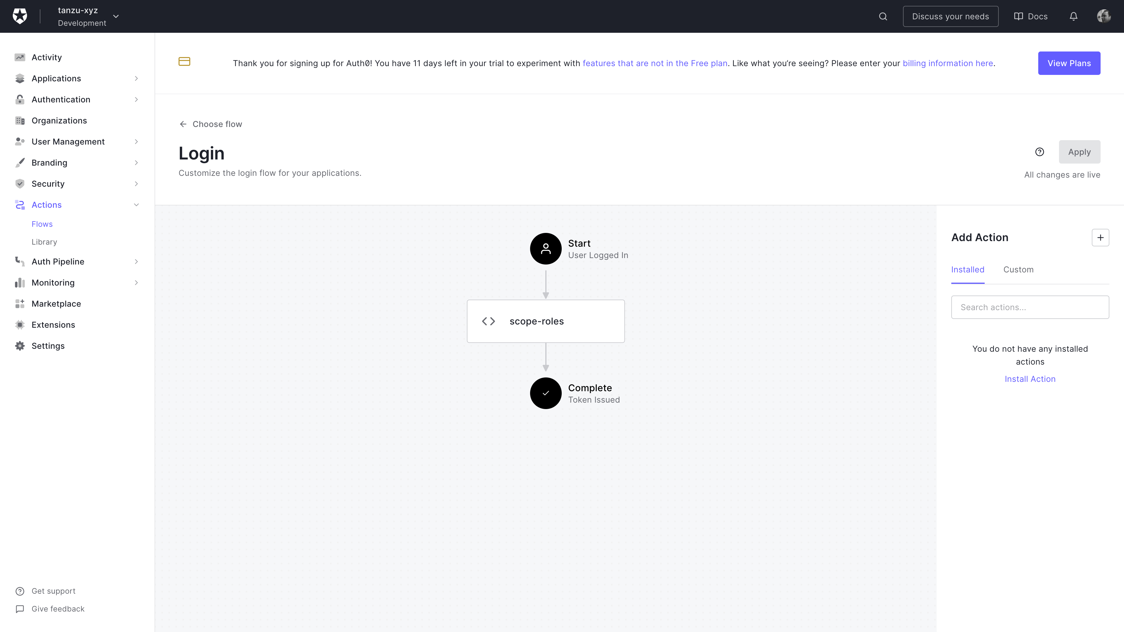 Screenshot of the Auth0 login flow configuration screen showing a custom role between 'start' and 'complete'