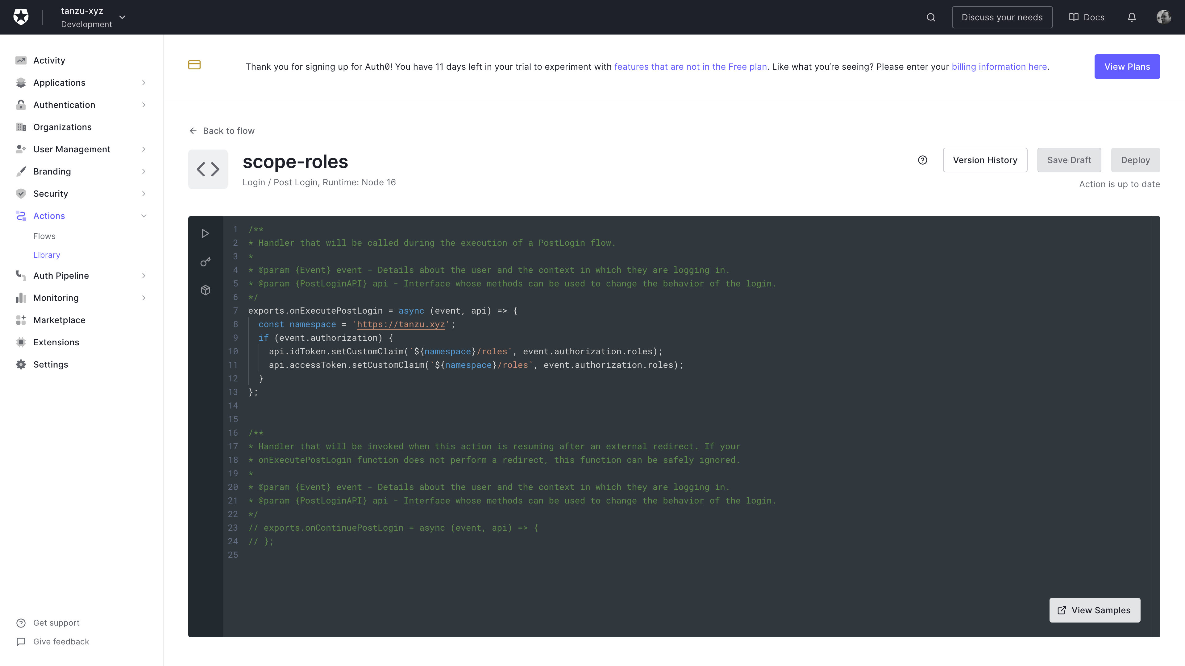 Screenshot of the Auth0 custom action editor. The code in the editor is reproduced below.