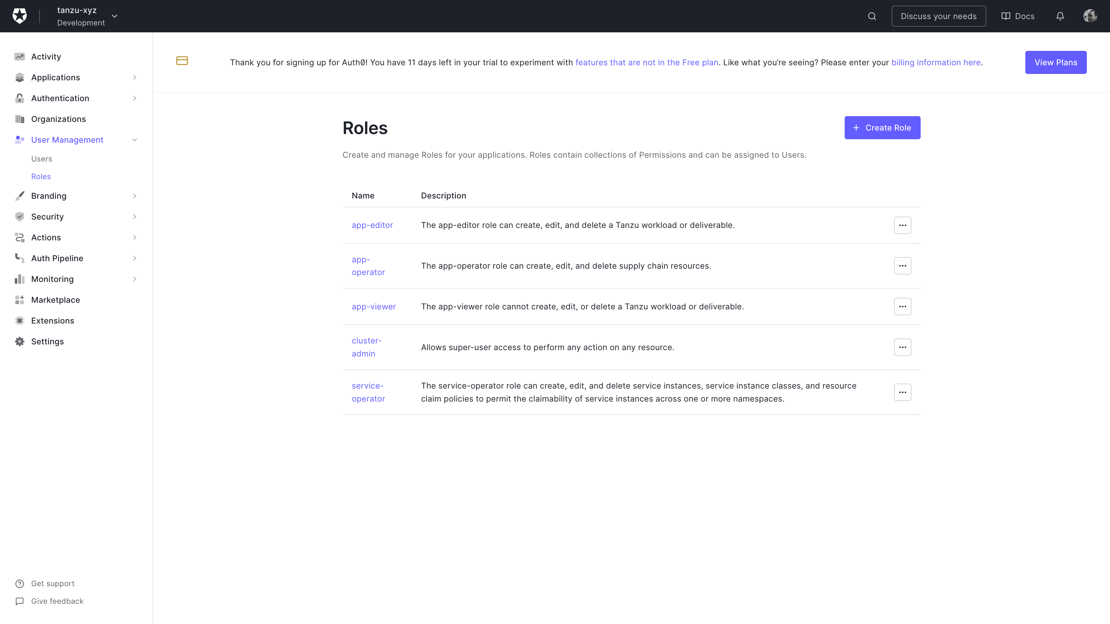 Screenshot showing TAP default roles listed in the Auth0 configuration screen. These include; app-editor, app-operator, app-viewer, service-operator, and cluster-admin.