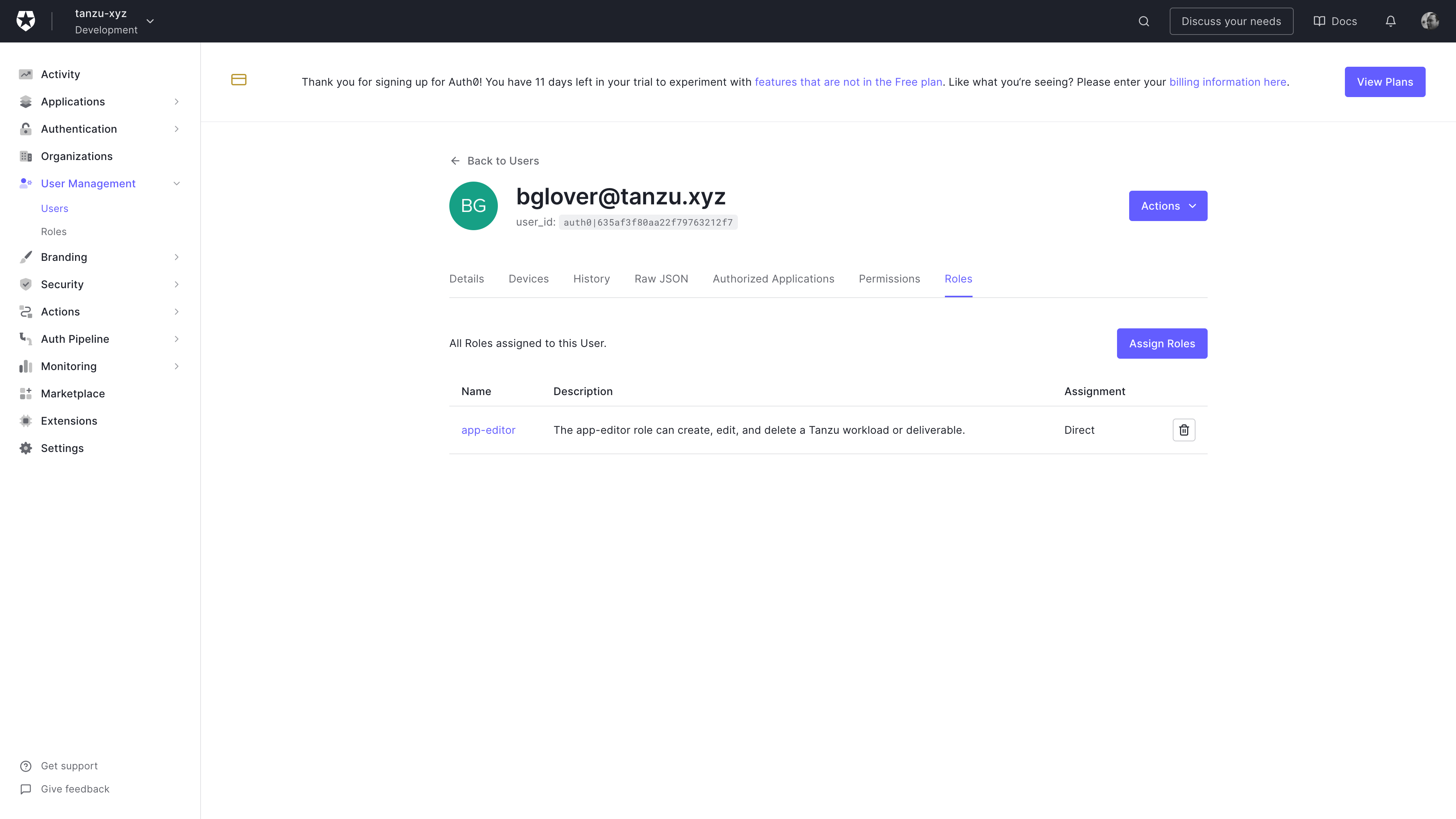 Screenshot showing the Auth0 user configuration page for mapping a user to a role