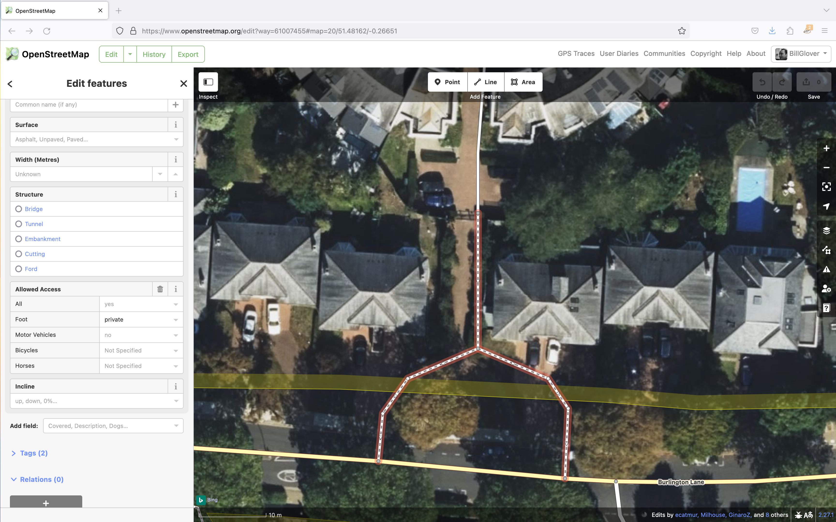 Screenshot of the OpenStreetMap editor showing a path that was known to be private.