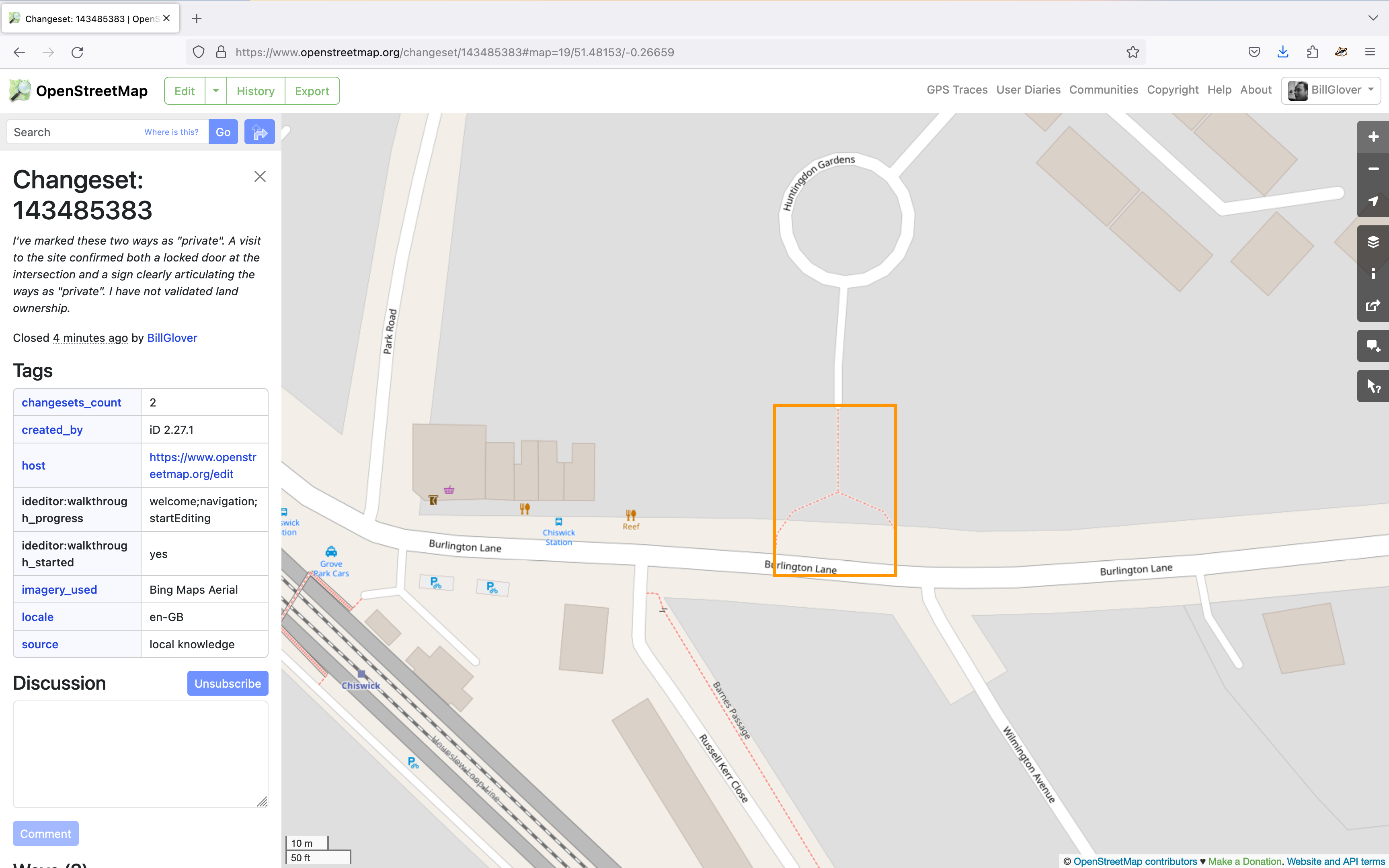 Screenshot of the OpenStreetMap editor showing that my changes were successfully submitted.