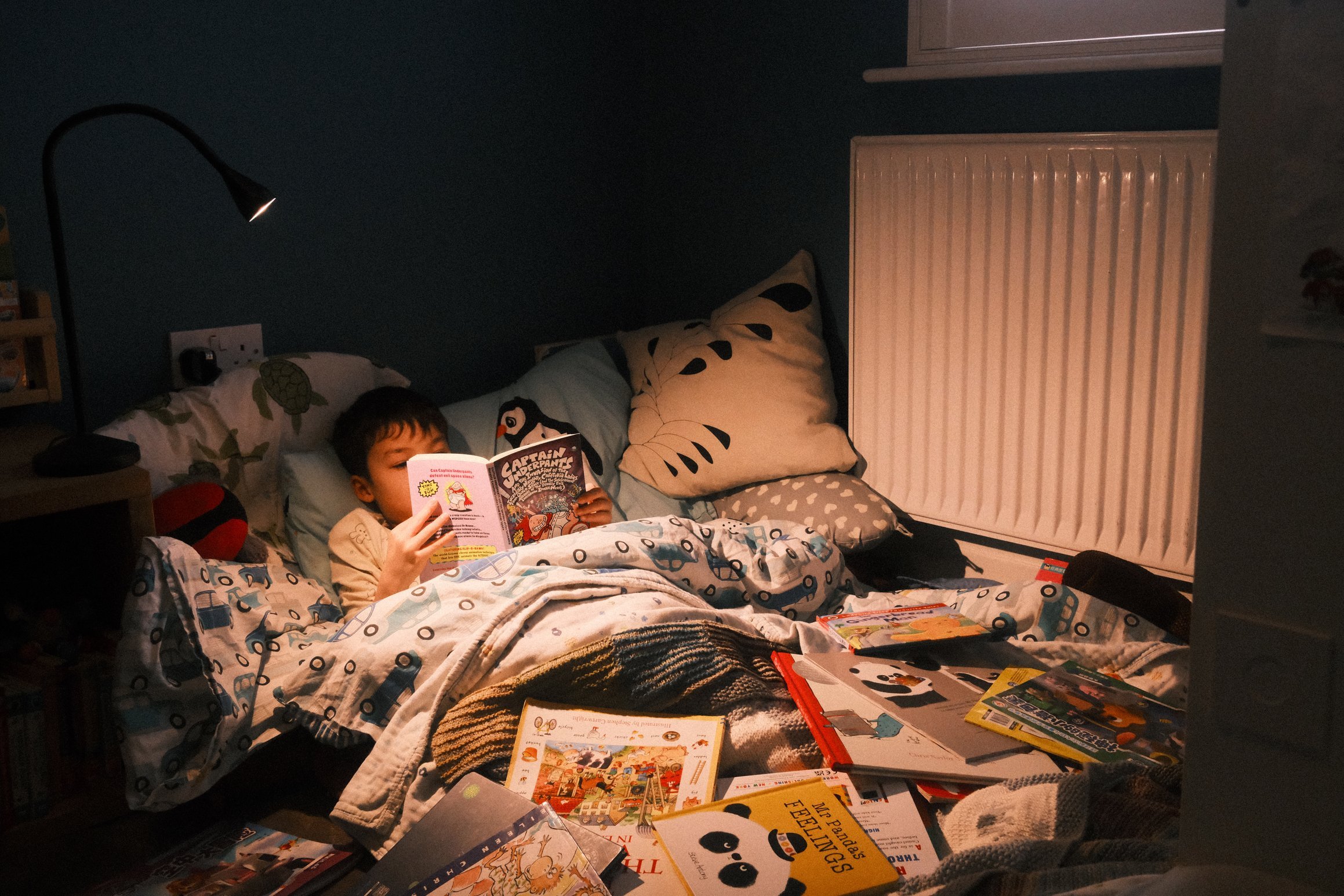 a boy lies in a makeshift bed surrounded by books