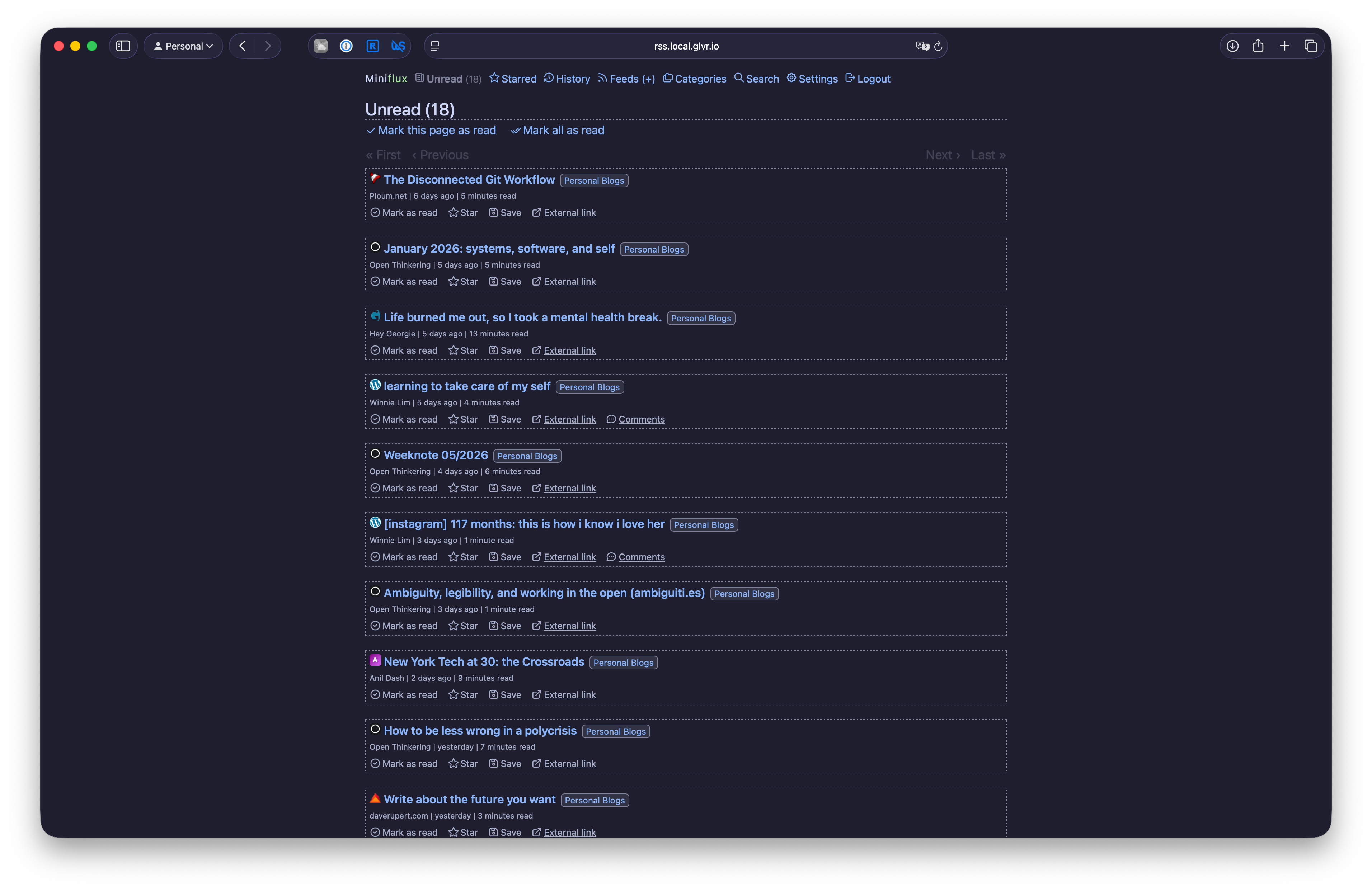 A screenshot of the Miniflux self-hosted RSS reader using a custom theme.