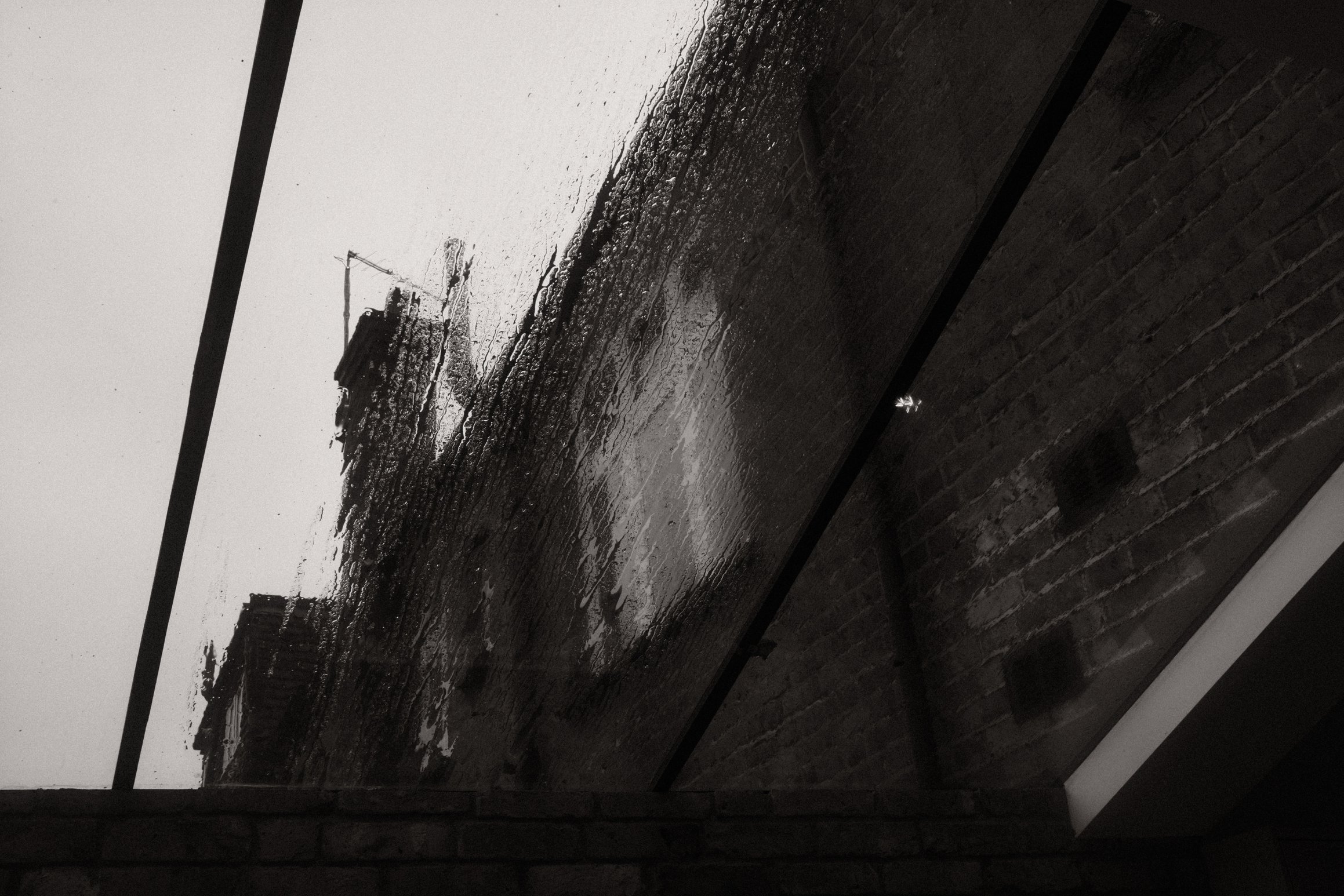 A black and white photo looking up through a glass roof at a brick wall. It's raining outside.