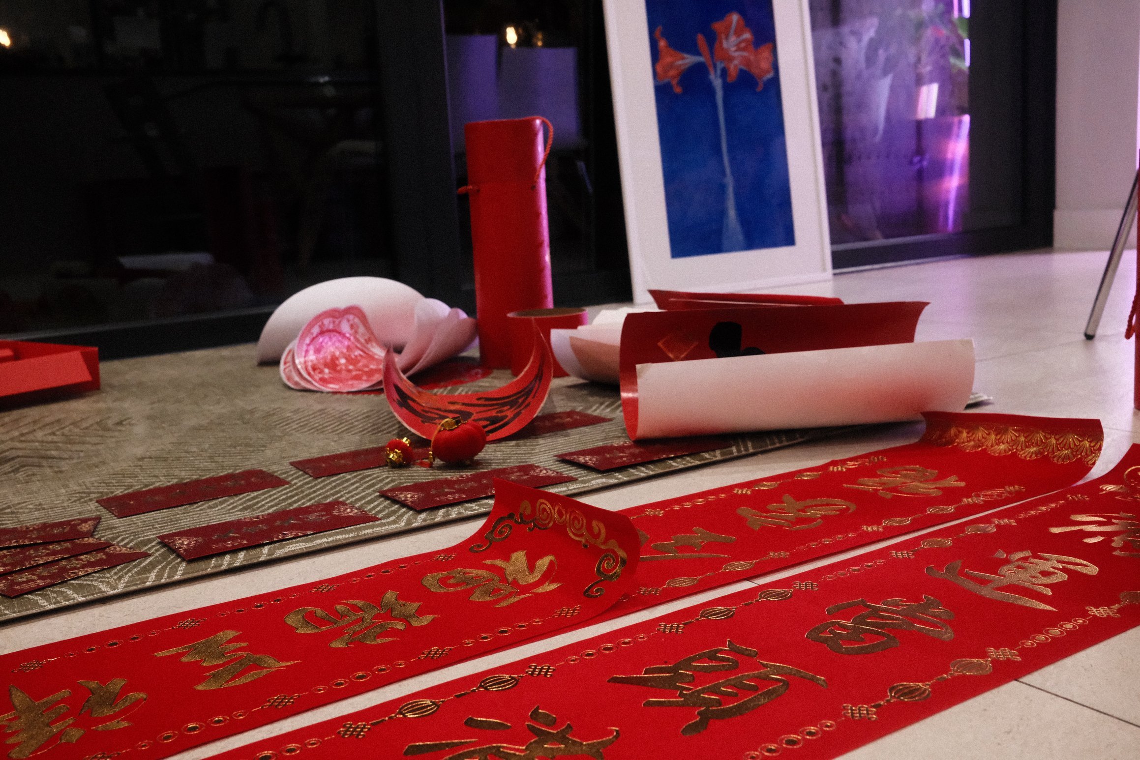 Chinese New Year decorations layed out on the floor