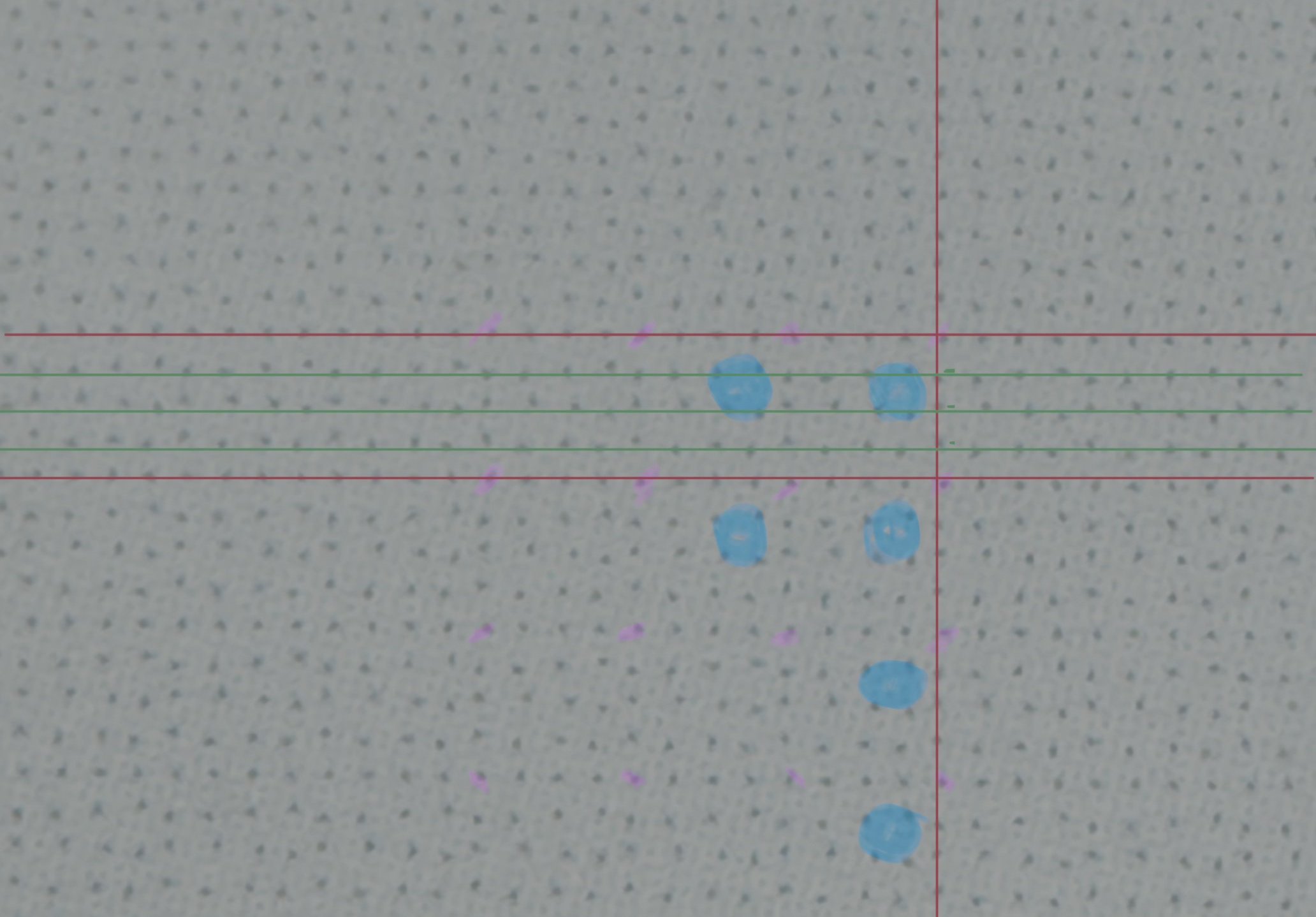A macro shot of the surface of the page, the dots clearly visible. Lines and highlighting have been added to indicate repeating patterns.