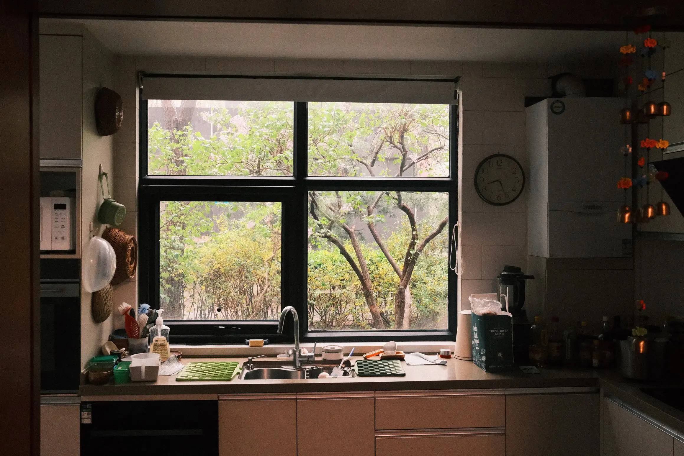 A photo looking out over a kitchen sink to the trees outside.