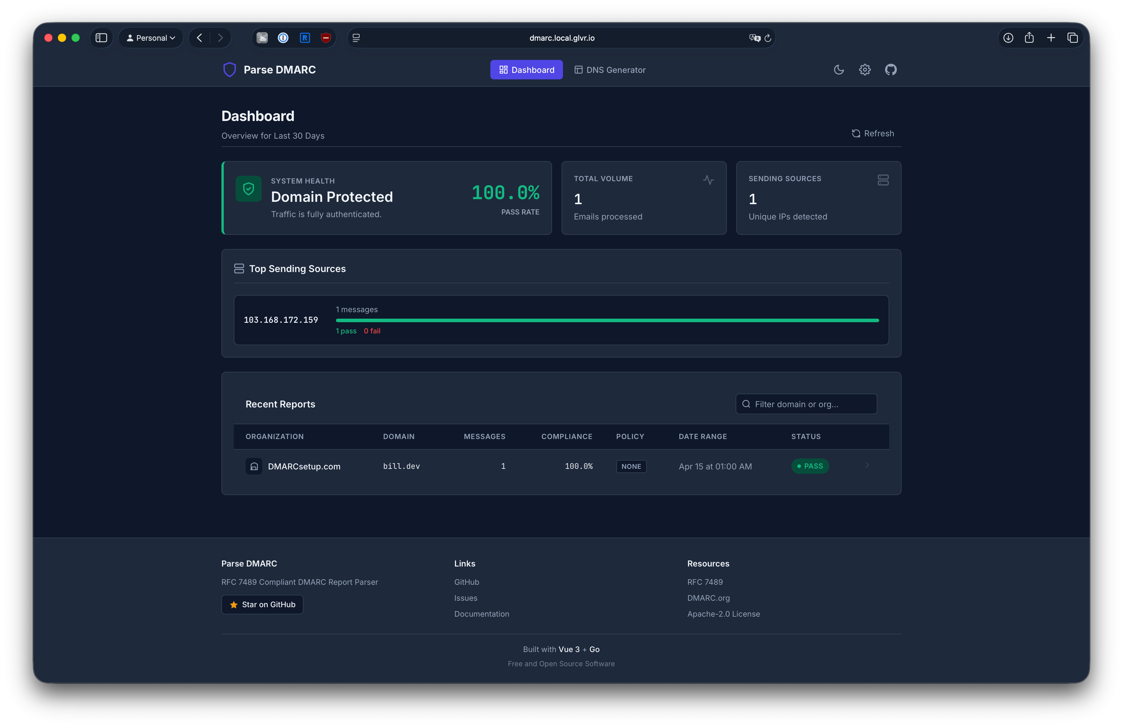 a screenshot of the the Parse DMARC tool showing 100% Pass Rate