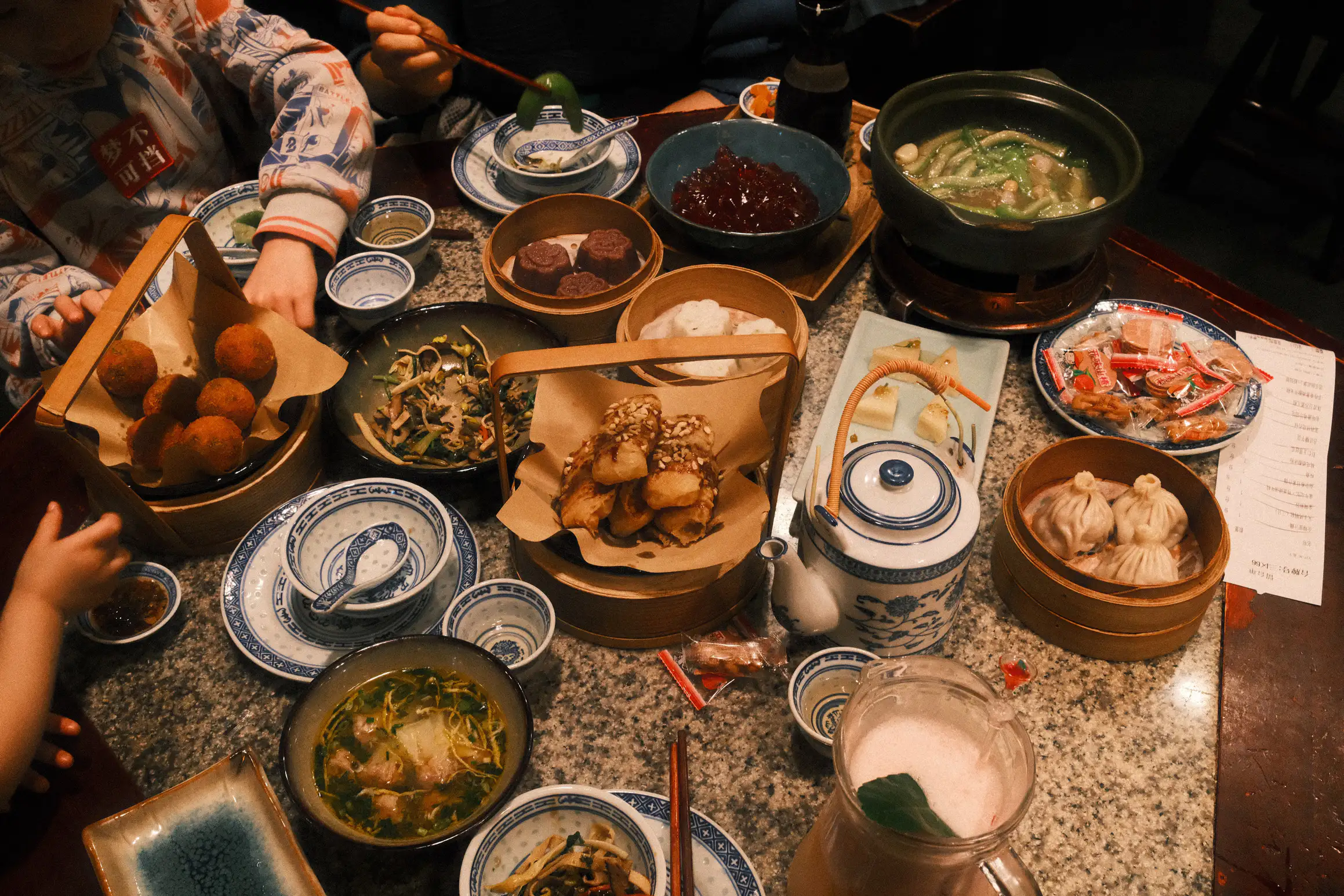 looking down on a table full of food