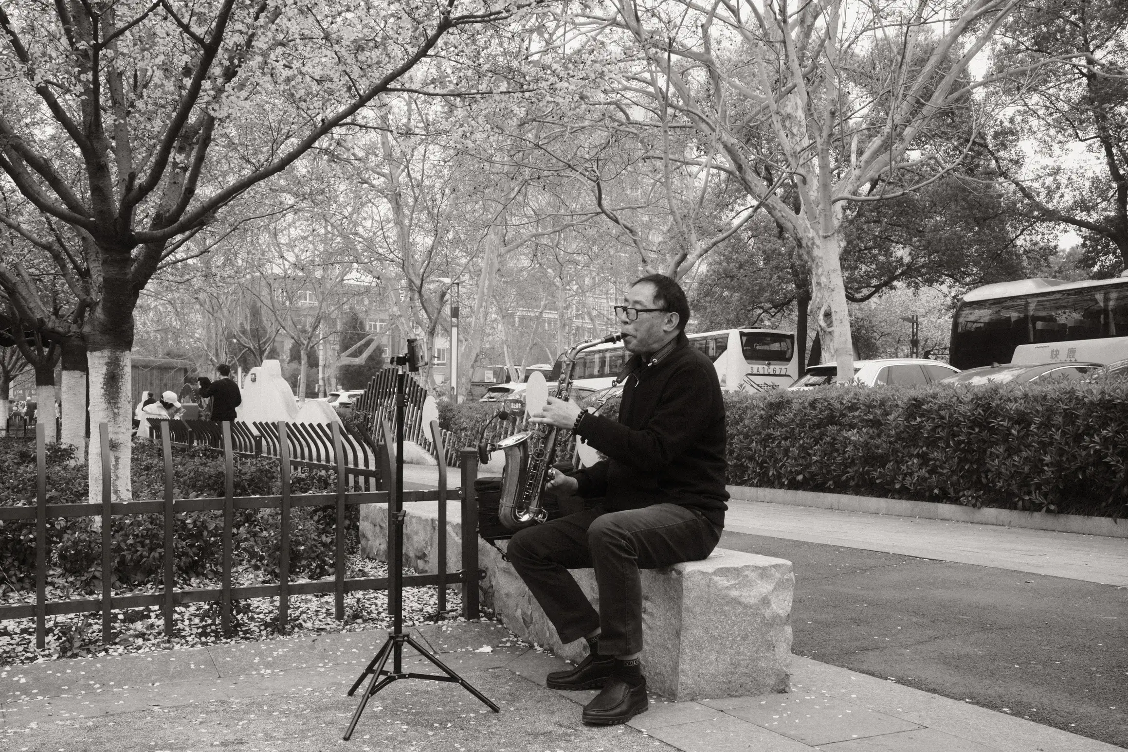 a man plays a saxophone outside nanjing zoo