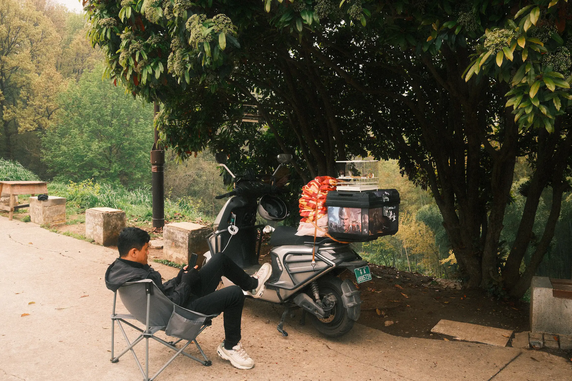 a moped rider pulls up to rest, birdcage on the back of his bike