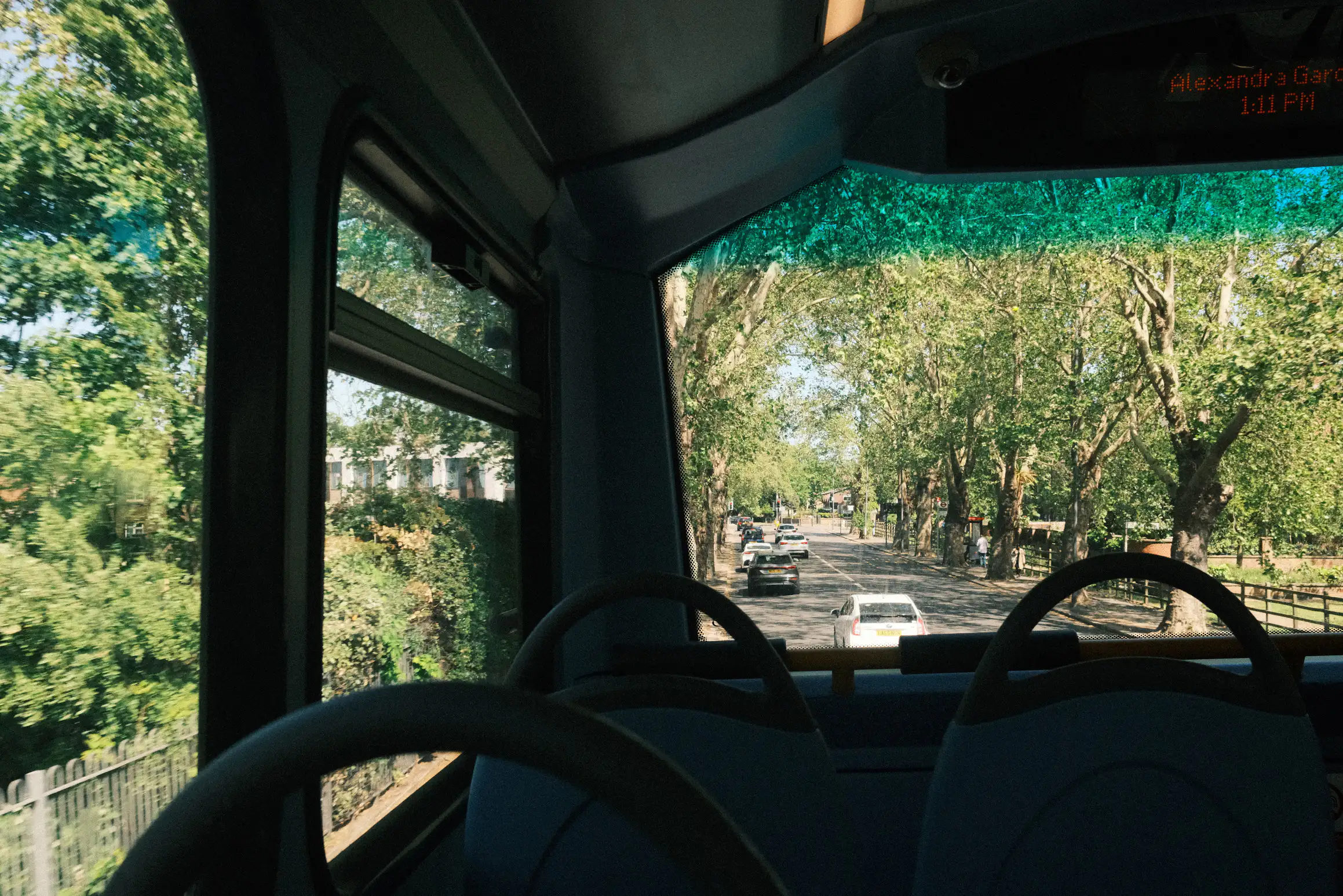 view from the top deck of a London bus, tree lined road rich with green leaves
