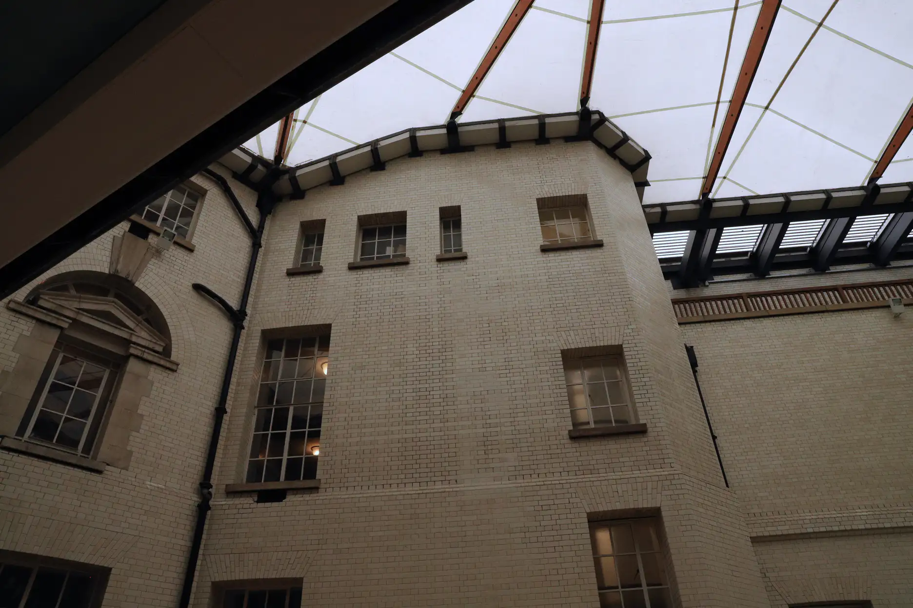 looking up to the canvas roof above the courtyard at County Hall in London