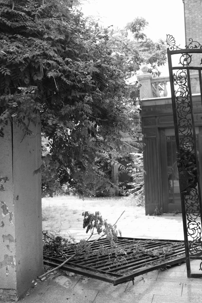 A black and white photo looking in to the front garden of a private residence in Tianjing (天京), China. The property looks run down, bushes overgrown and one of the iron gates has fallen to the ground and just left where it fell.