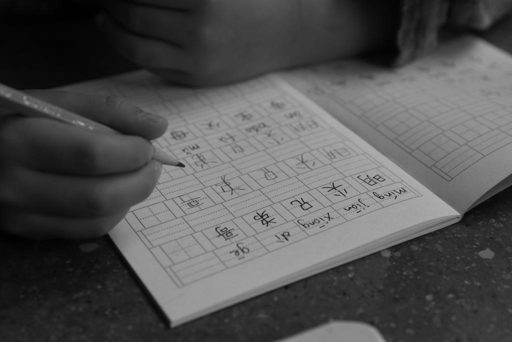 A black and white photo of someone holding a pencil writing Chinese characters in a notebook. The photo is cropped so that we only get to see the hands of the person. The characters visible are, 明尖兄弟哥.