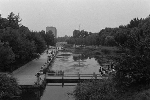 A grainy black and white photo of river in the south of Beijing. The right bank is lined with reeds and trees. On the left bank, people sit on the edge of a path fishing. The presence of pond weed on the surface indicates the river is barely flowing. Developed in Ilfosol 3 (1+9).