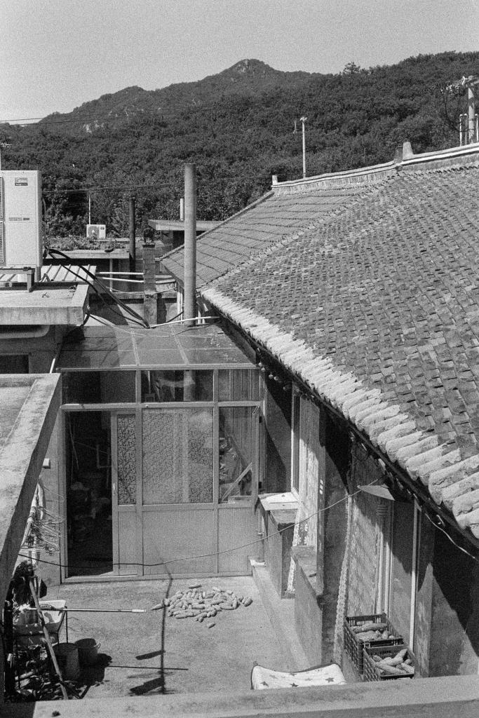 A black and white photo showing the backyard of a property in Northern Beijing. On the ground, sweetcorn dries in the sun. Crates of sweetcorn can be seen stacked up next to the building. In the distance, tree covered mountains rise up towards the top of the frame. The image is a scan of a negative developed at home in Ilfosol3 (1+9).