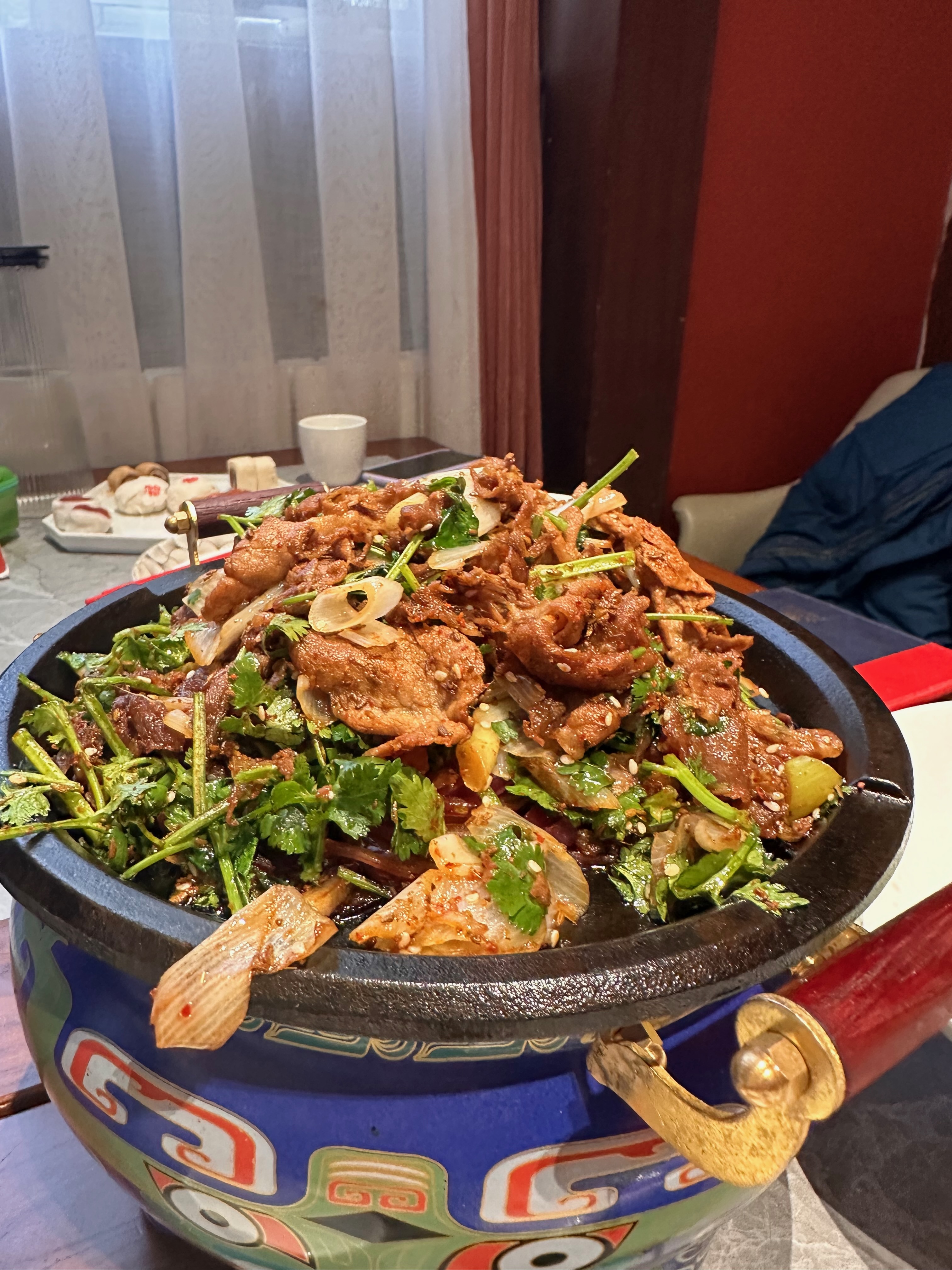 We loved the 炙子烤羊肉. Roast lamb with lots of cumin, red onion and corriander.
