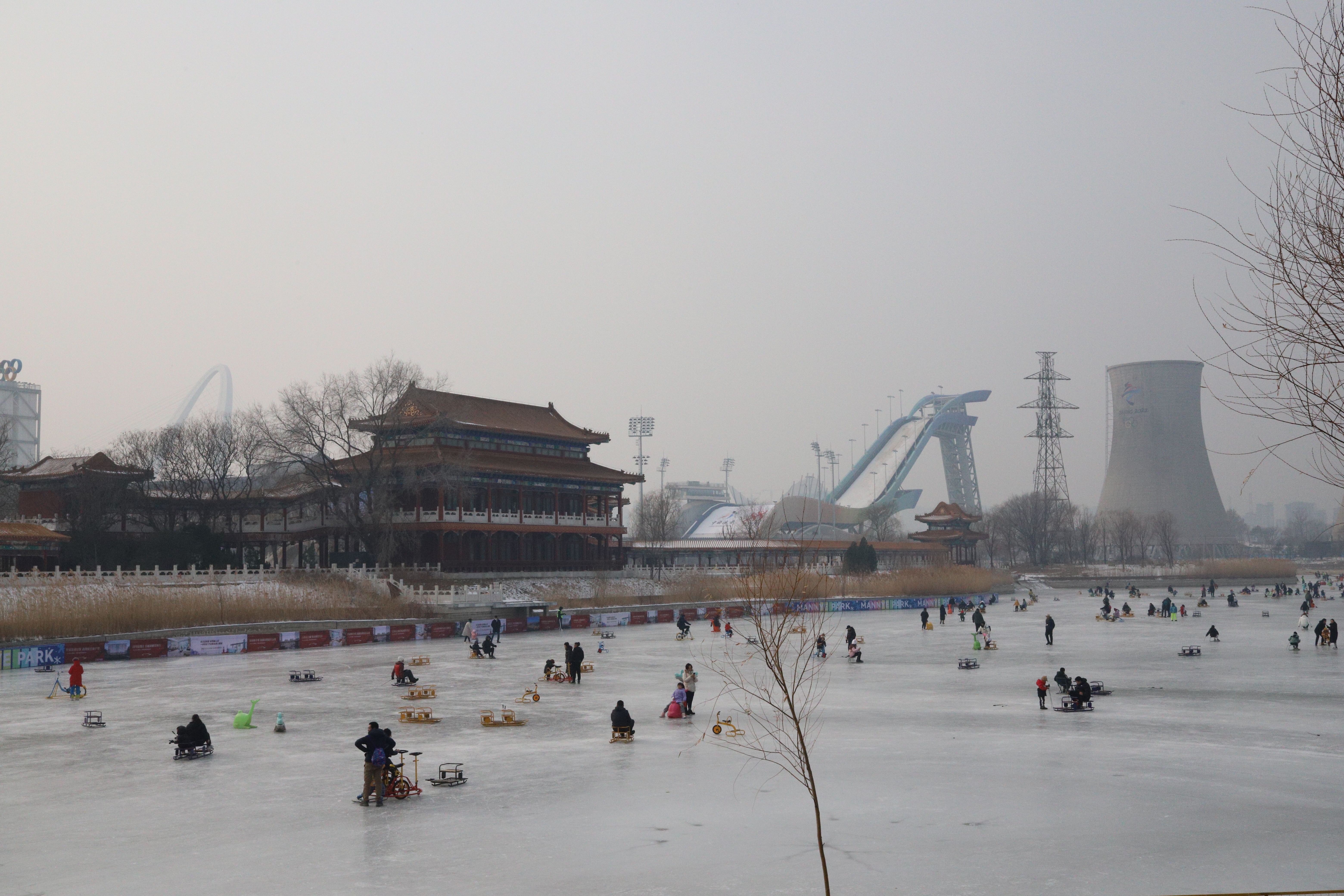 A view across the frozen lake in Shougang. In the background you can see the iconic Big Air venue from the winter Olympics.
